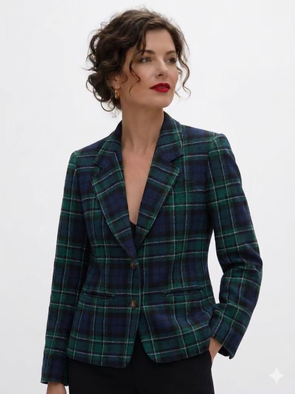 Women's Green & Navy Plaid Wool Tailored Blazer - SIZE 6 PETITE